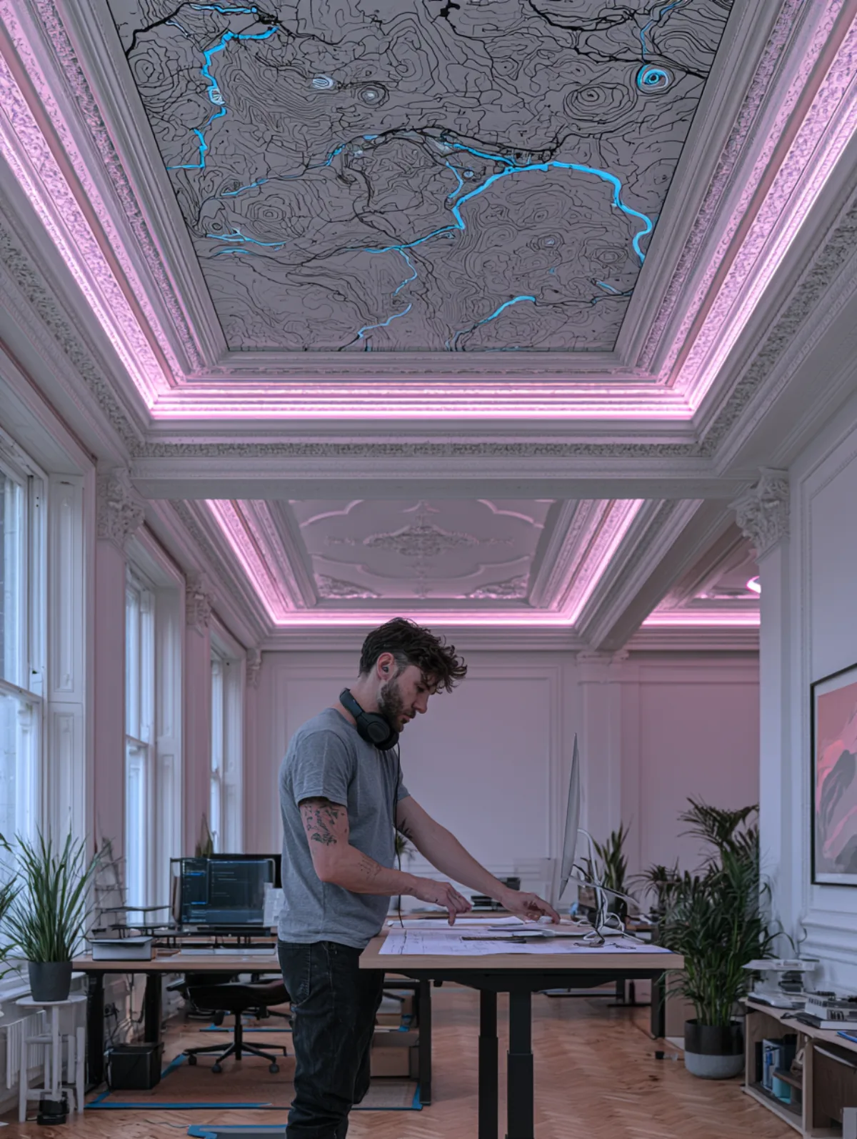 A Nextzpmsoft engineer working through a wiring diagram at a standing desk in the Huddersfield studio.