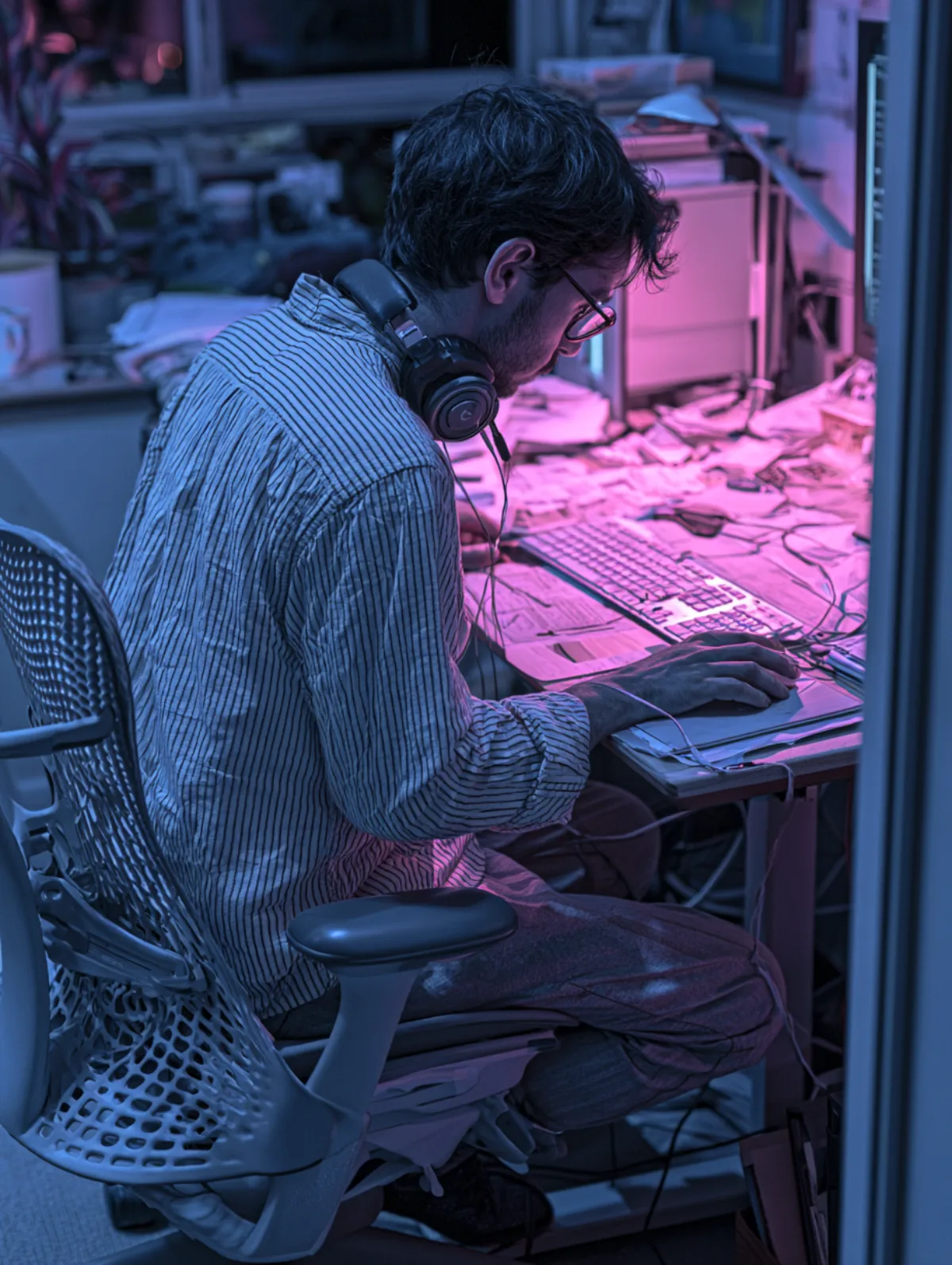 A Nextzpmsoft developer at a desk late in the build, working through a fortnightly release.